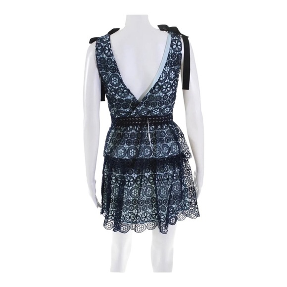 NWT SELF-PORTRAIT Blue Guipure Lace Tie Shoulder Tiered Mini Dress Size 00 - Picture 12 of 13